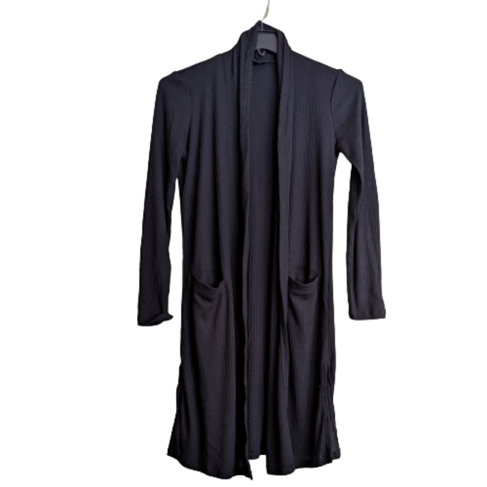 G By Giuliana Long Cardigan Sweater Black Thin Open Front Ribbed Rayon XS